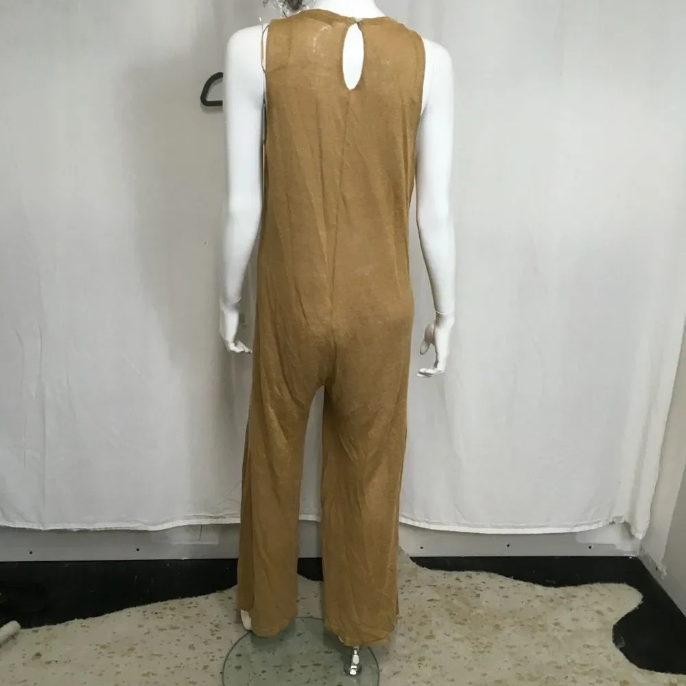Zara Rustic Brown Linen Blend V-Neck Sleeveless Pull On Knit Jumpsuit Size S